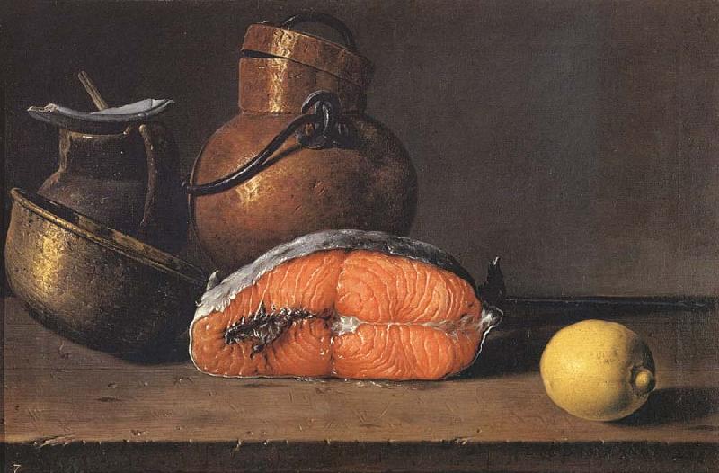 Luis Melendez Still Life with Salmon, a Lemon and Three Vessels